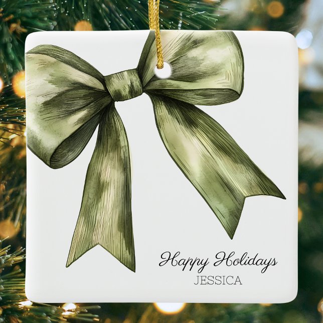 Glad helg Grönt Vattenfärg Bow-jul Julgransprydnad Keramik (Happy Holidays Green Watercolor Bow Christmas Ceramic Ornament)