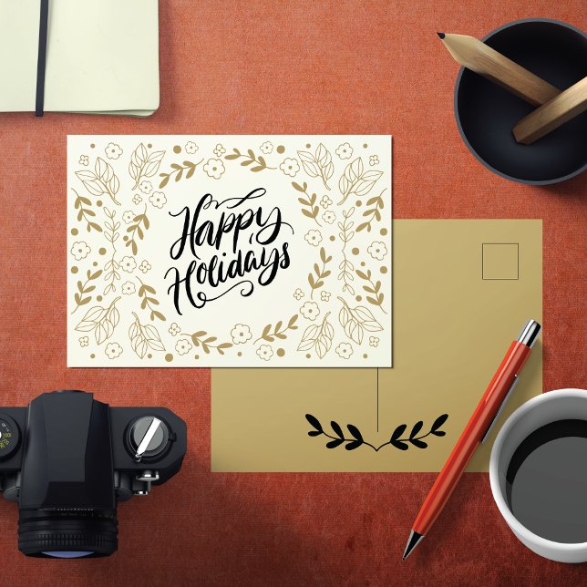 Glad helg Guld Blommigt med Grenar och blommor Vykort (Send out postcards this year with a simple happy holidays greeting in gold black and white.)