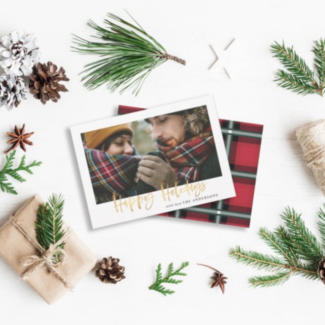 Glad helg guld med röd tartan christmas julkort (Skapare uppladdad)