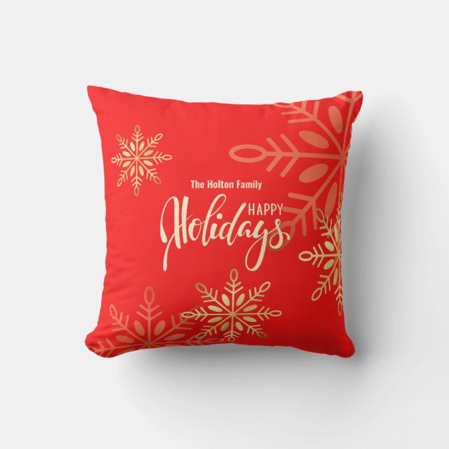Glad helg guld snöflingor red kudde (Framsida)