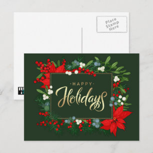 Glad helg. Holly, Mistletoe och Poinsettia Helg Vykort