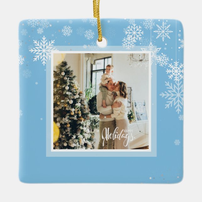 Glad helg jul, vit snöflingor, röd julgransprydnad keramik (Framsida)