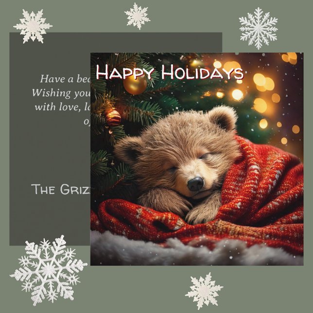 Glad helg julklapp julkort (deep peace & winter warmth personalised square Christmas card. adorable bear cub sleeping under tree)
