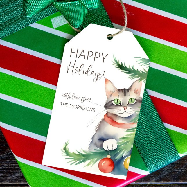 Glad helg katt av Julgran Presentetikett (Cat people Christmas gift tags watercolor cute green eye cat by Christmas tree personalized tags)