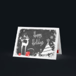 Glad helg-kort | Faux Chalkboard, Hjort Helgkort<br><div class="desc">Den här jullen eller Helgdag för den svarta och vita faux-kritan "Glad helg" har en manlig hjort med horn och bär, röda och vita gåvor med rosett band, snöflingor, stjärnor och en mängd Julgranar på en kriteramodell med en snöig gräns på den. Detta skulle vara ett kort för perfekt till...</div>