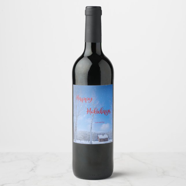 Glad helg Land Snowy Cabin Festive Vinflaska Etikett (Framsida)