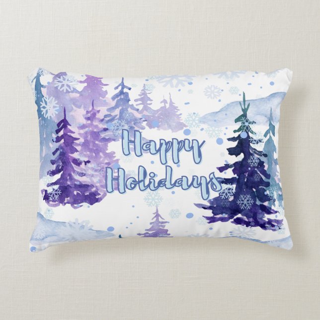 Glad helg Lila Winter Snowy Träd Prydnadskudde (Framsidan)