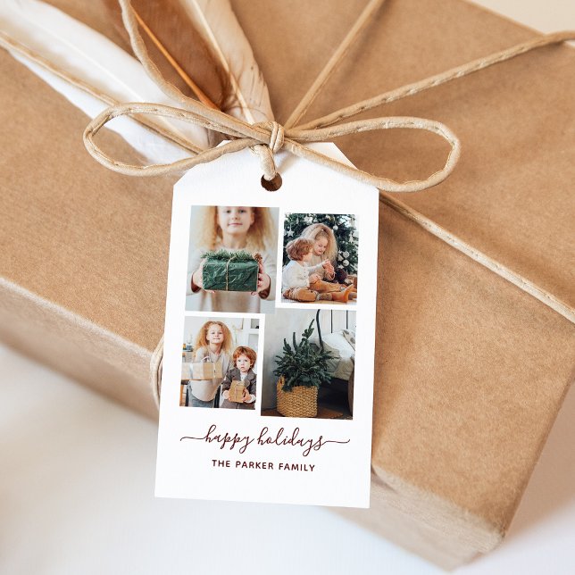 Glad helg | Modern fyra fotokollage Presentetikett (A modern four-photo grid gift tag that says "happy holidays")