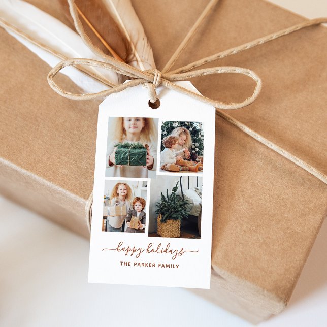 Glad helg | Modern fyra fotokollage Presentetikett (A modern four-photo grid gift tag that says "happy holidays")