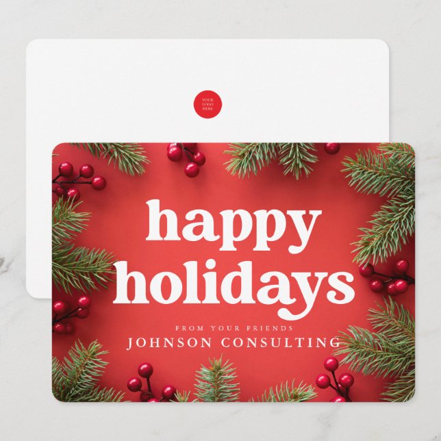 Glad helg Modern Holly Berry Gräs Nål Red Julkort (Fram/baksida)