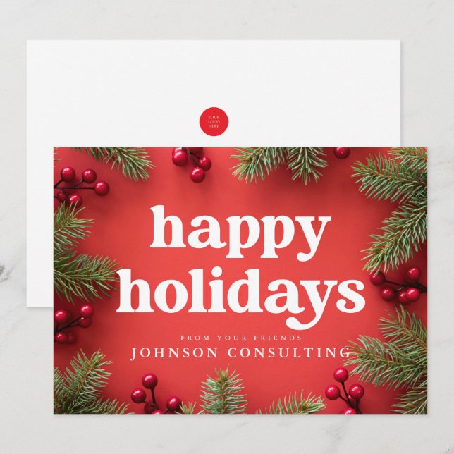 Glad helg Modern Holly Berry Gräs Nål Red Meddelande (Fram/baksida)