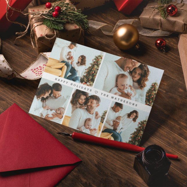 Glad helg Modern, minimalt multifotrutnät för foto Julkort (Modern Family photo collage Happy Holidays Christmas greeting card.)