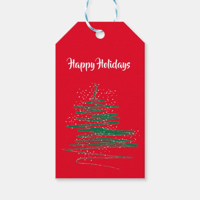 Glad helg Modern Whimsical Träd Red Presentetikett (Framsidan)