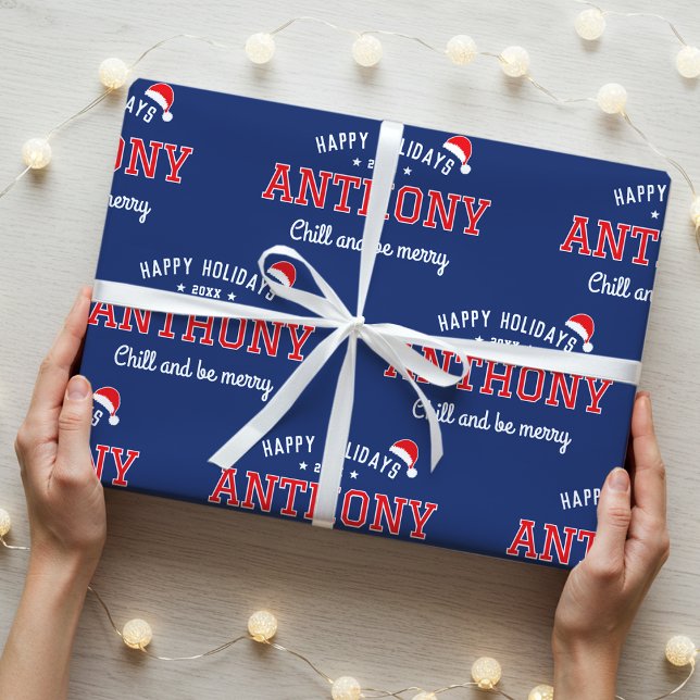 Glad helg Namn jultomten Hat Navy Red Presentpapper (Skapare uppladdad)