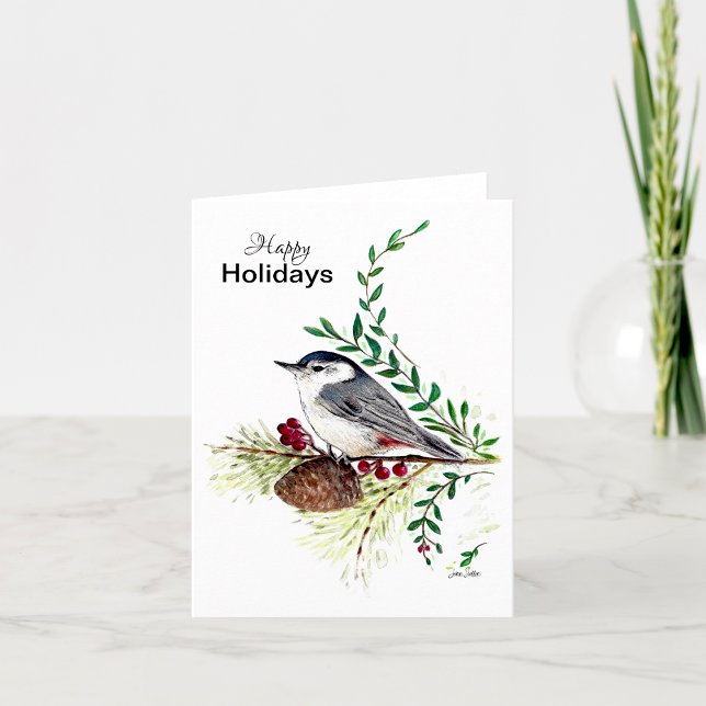 Glad helg-navelskort kort (Happy Holidays Nuthatch Bird Card from Jenn's Emporium. )