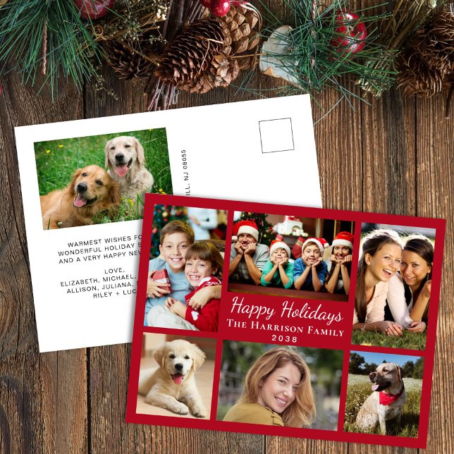 Glad helg Photo Collage Red jul Vykort (This holiday season, let your family's smiles & heartwarming memories shine on our 6 photo postcard)