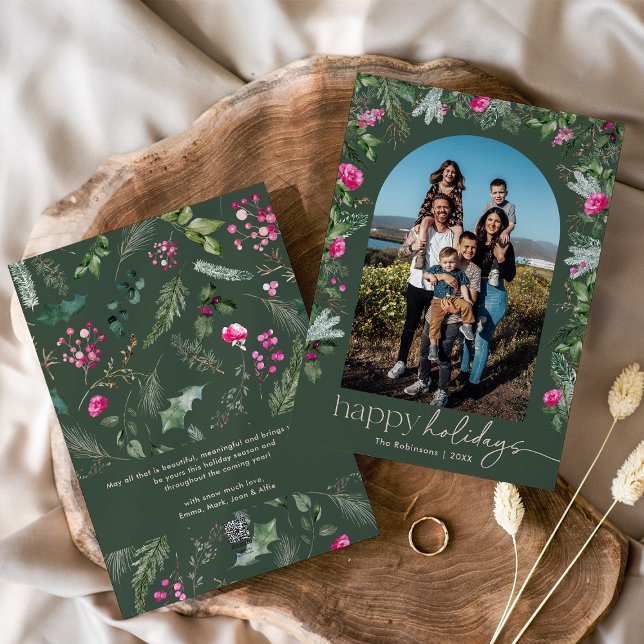 Glad helg Pink Grönska Lövformad Båge Foto Julkort (Skapare uppladdad)