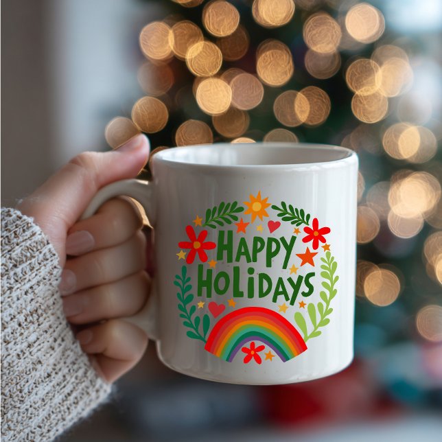 Glad helg Rainbow Cute Hand-dragen färgstark Kaffemugg (Happy Holidays Rainbow Cute Hand-drawn Colorful Coffee Mug
)