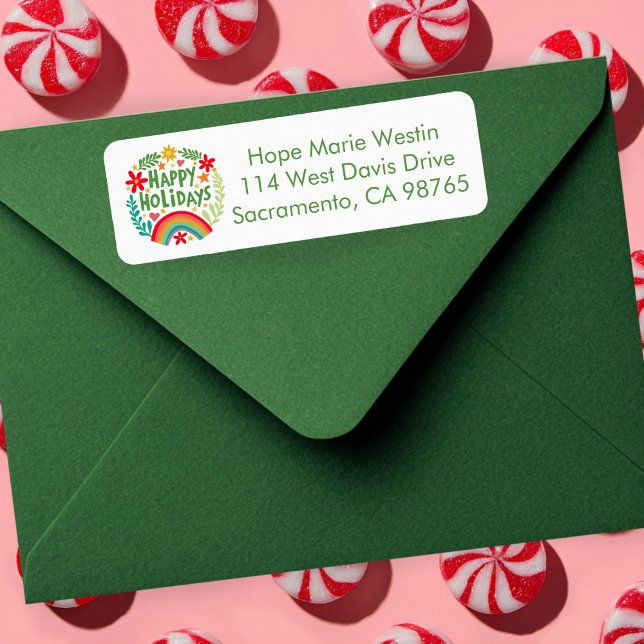 Glad helg Rainbow Hand-dragen Returadress Etikett (Happy Holidays Cute Colorful Rainbow Hand-drawn CUSTOM Return Address Label
)