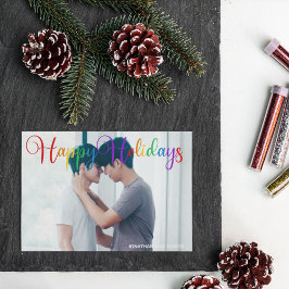 Glad helg Rainbow Script Gay Couple Photo Julkort