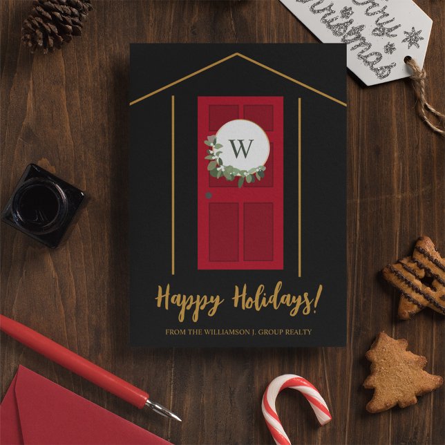 Glad helg Real Gods Monogram Dörrutandning vid (Modern Red door monogram real estate agent Happy Holidays business greeting xmas card.)