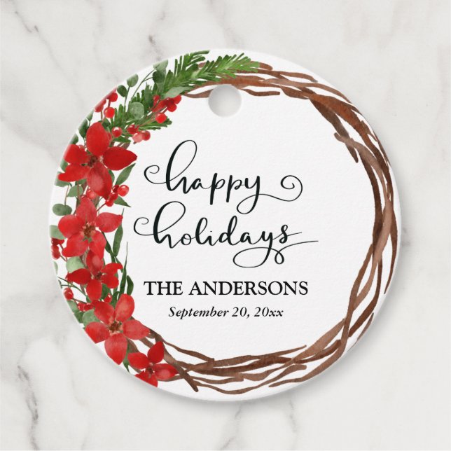 Glad helg Red Blommigt Vattenfärgning Utandning Gåvor Etiketter (Framsida)