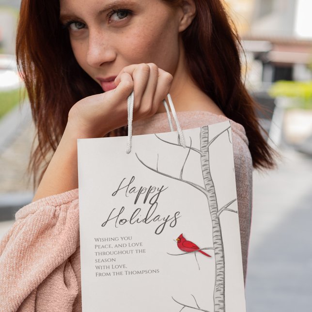 Glad helg Red Cardinal Jul (Happy Holidays customized gift bag with red cardinal and birch tree.)