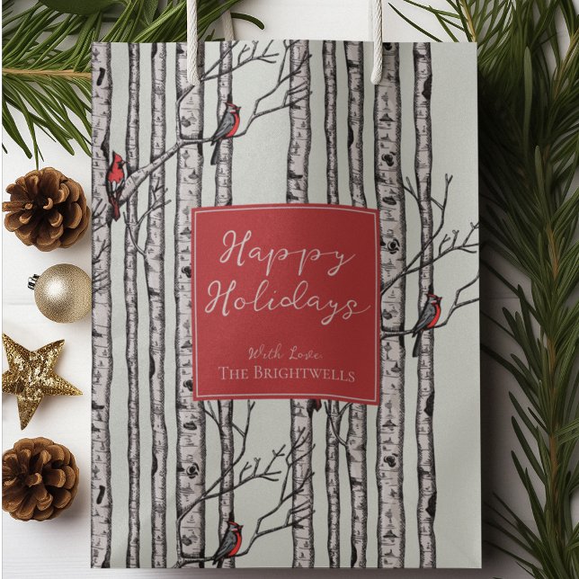 Glad helg Red Cardinals Birch Forest (Pretty and Modern Hand Drawn Red Cardinals on Birch Tree Branches. Light Sage Green Background.)