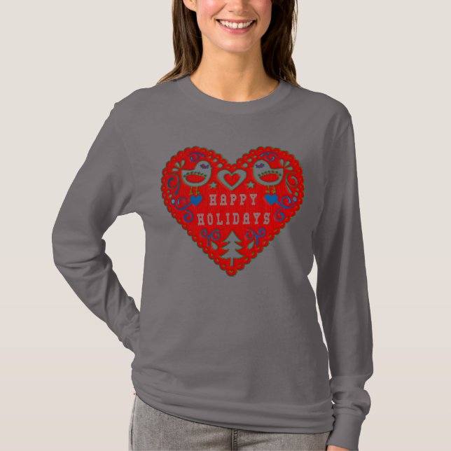 Glad helg Red Festive Folk Art Heart T Shirt (Framsida)
