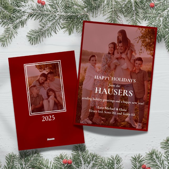 Glad helg Red Gradient Two Photo Family Julkort (Send holiday greetings with this Happy Holidays Red Gradient Two Photo Family Holiday Card! )