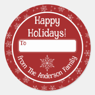 Glad helg Red Sticker med Snöflingor Runt Klistermärke