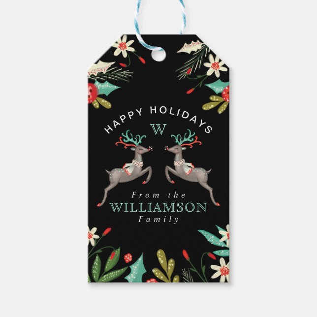 Glad helg Reindeer Monogram & Festive Foliage Presentetikett (Framsidan)