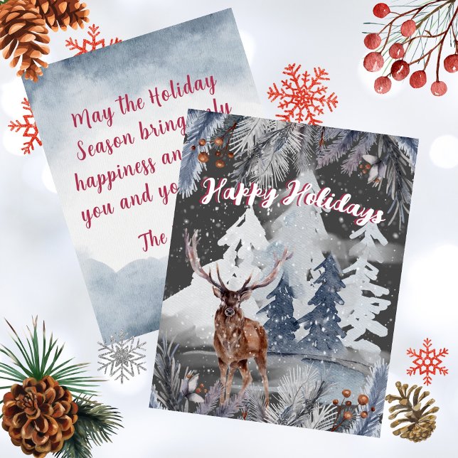 Glad helg renare Winter Watercolor Scene Julkort (Happy Holidays Watercolor Deer in Woods Snow Scene Holiday Card)