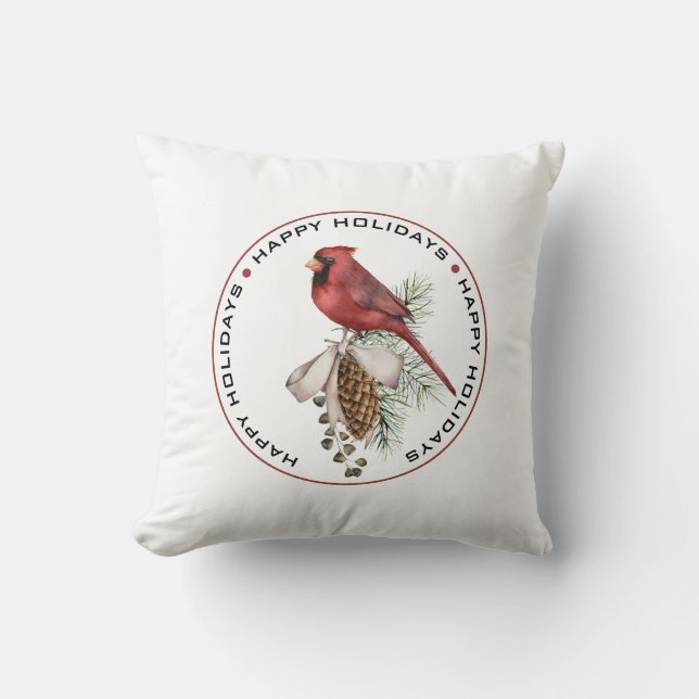 GLAD HELG, röd julkardinal, vattenfärg Kudde (Framsida)