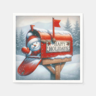 Glad helg Röd postlåda med väv Snögubbe Pappersservett