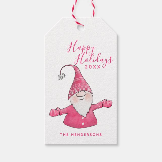 Glad helg Roligt Gnome Modern Rosa jul Presentetikett (Framsidan)