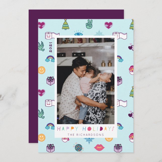 Glad helg Roligt Jul Emoji Mönster Photo Julkort (Fram/baksida)