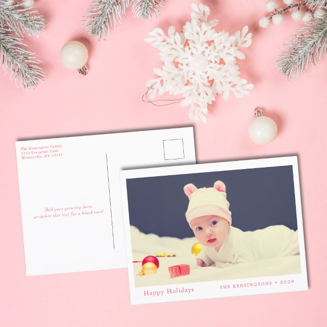 Glad helg Rosa Cute Baby Photo (Baby Girl’s First Christmas Holiday Postcard)