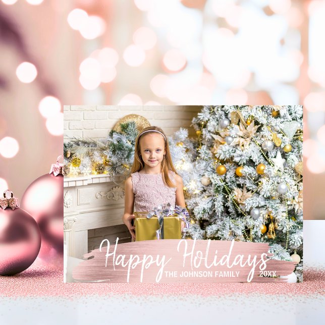 Glad helg Rosa ros Guld jul (Rose Gold Christmas Happy Holidays Family  PHOTO Holiday Postcard)