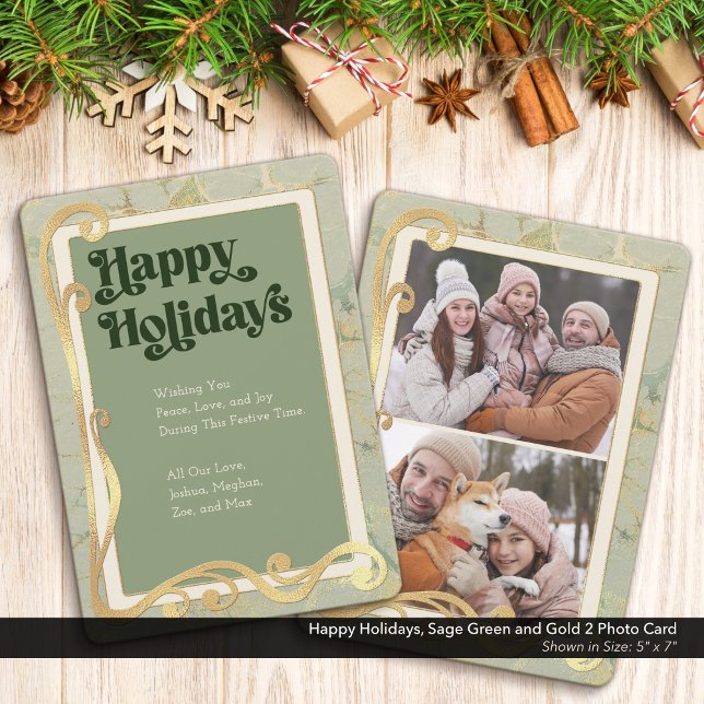 Glad helg Sage Grönt och Guld 2-fotokort Julkort (Happy Holidays, Sage Green and Gold Holiday Two (2) Photo Greeting Card)