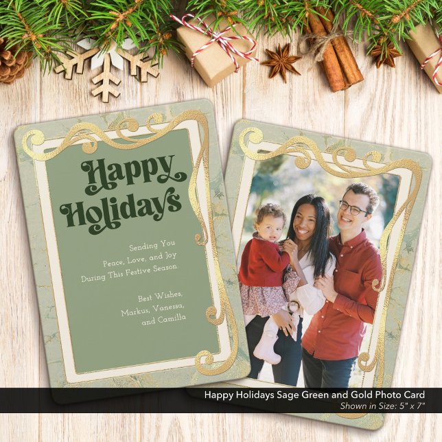 Glad helg Sagegrön och guld fotokort Julkort (Happy Holidays, Sage Green and Gold Holiday Photo Greeting Card)