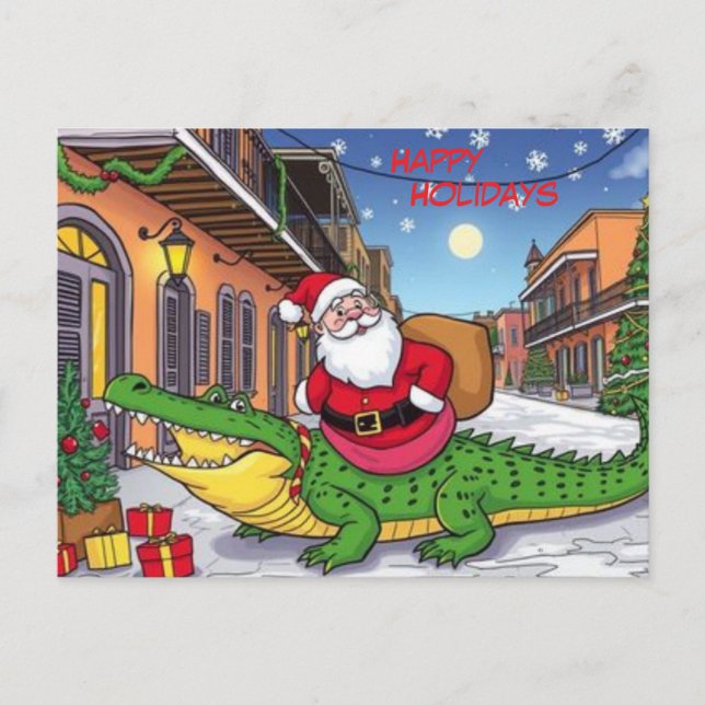 Glad helg Santa and Alligator Fransk Quarter Vykort (Framsida)
