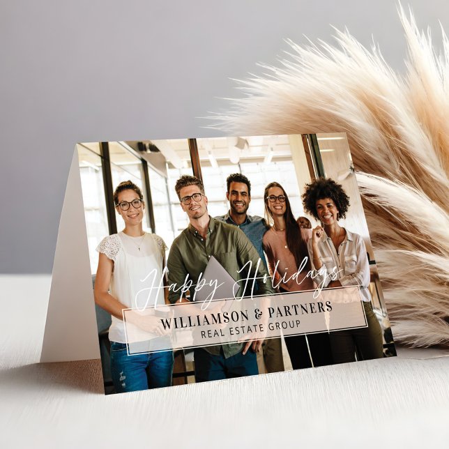 Glad helg Script Company Photo Rosa Plaque Kort (Happy Holidays Script Company Photo Pink Plaque Card)