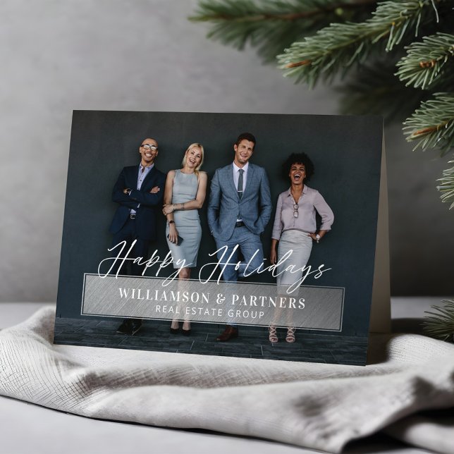 Glad helg Script Company Photo Silver Plaque Kort (Happy Holidays Script Company Photo Silver Plaque Card)