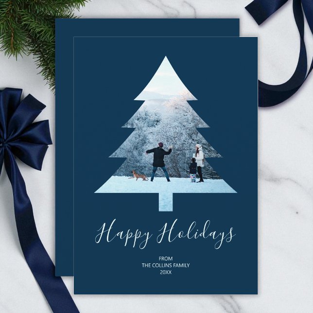 Glad helg Simple Blue Julgran Photo Julkort (Happy Holidays Simple Blue Christmas Tree Photo Holiday Card)