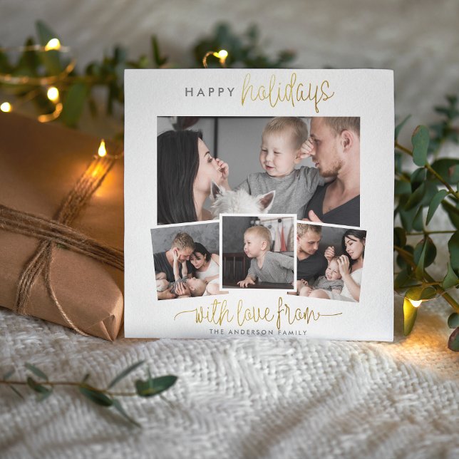 Glad helg Simple Guld Script 4 Photo Collage Julkort (The Card Front Mock-up)