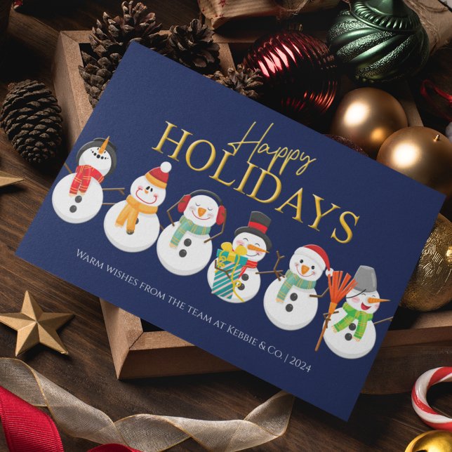 Glad helg Snögubbars Blue Corporate-jul Julkort (Customer Business Modern Snowman Corporate Christmas Holiday Card)