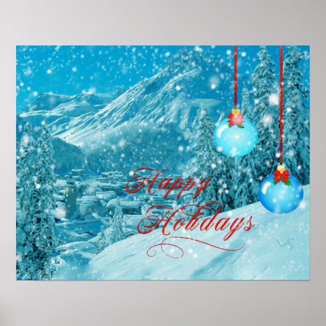 Glad helg Snowy Mountain Winter Village Poster (Framsidan)