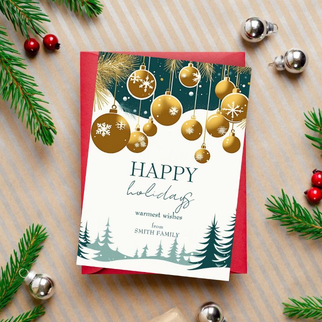 Glad helg teal grönt guld 2000 baubles julkort (Happy Holidays Christmas midcentury retro style gold baubles teal pines holiday greeting template)
