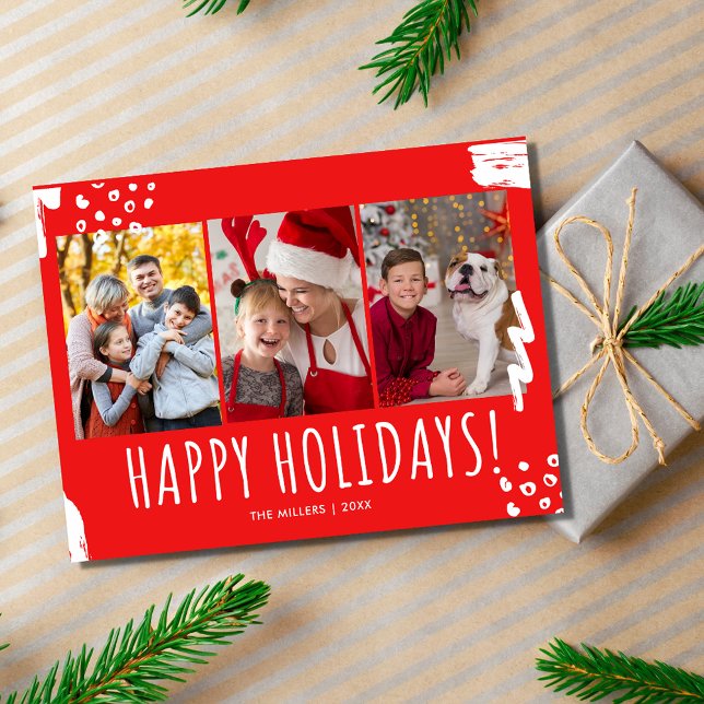 Glad helg Tre fotofamiljjul Vykort (Happy Holidays Three Photo Family Christmas Holiday Postcard)
